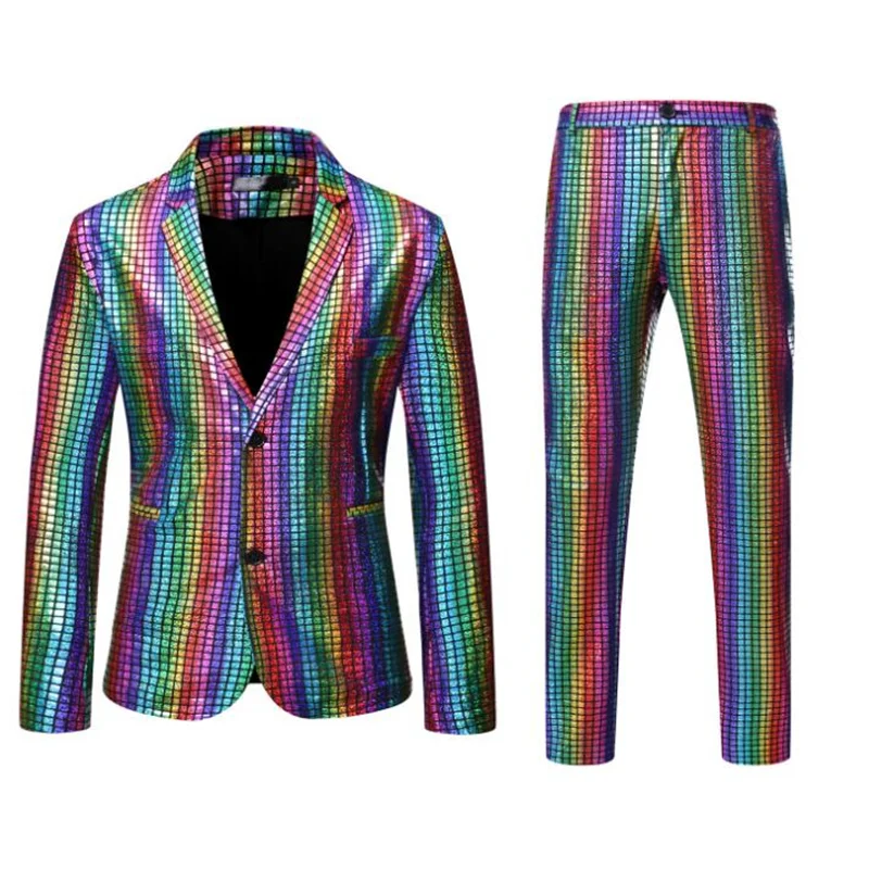 Men's suits european code blazers rainbow plaid hot stamping stage nightclub cool performance shiny clothing pants two-piece