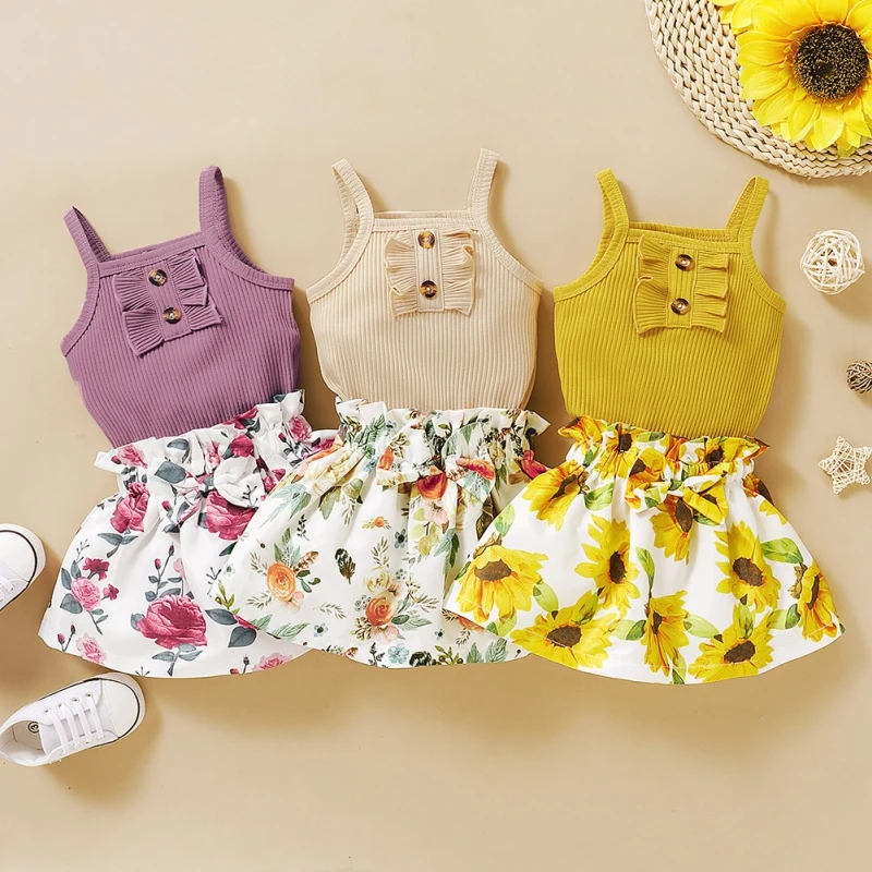 

2Pcs Summer Baby Clothing Infant Newborn Baby Girl Ruffled Ribbed Bodysuit Floral Skirts Headband Set8