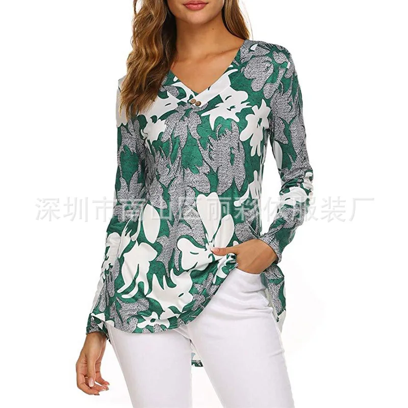 

Autumn new fashion print front collar button V-Neck long sleeve loose women's T-shirt
