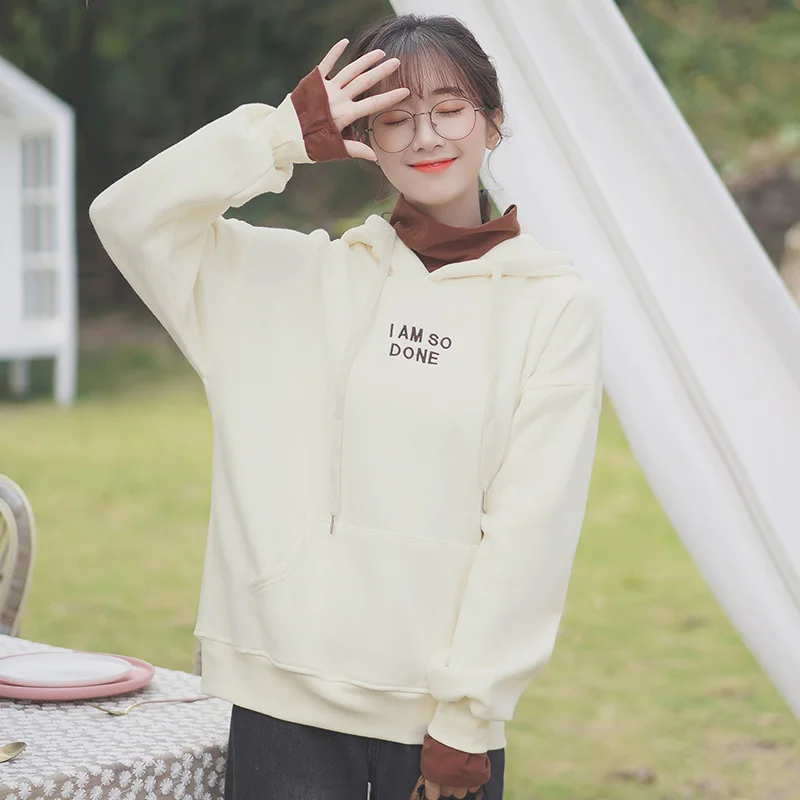 

Chic Khaki 2019 New Autumn and Winter Pleuche Sweater Women's Fake Two-Piece Turtleneck Hooded Coat Student Letters Top