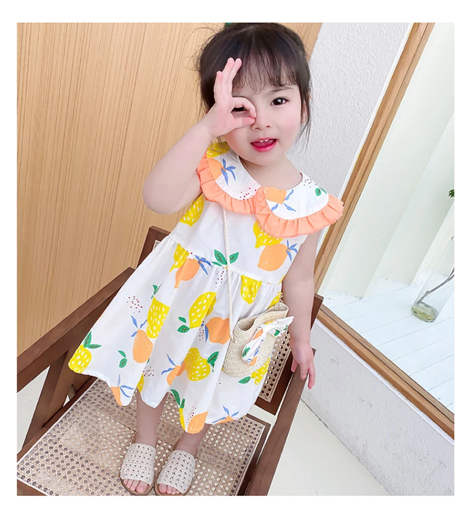 

Newest Summer Toddler Girls Dresses 2021 Cute Short Sleeve Beach Clothing With Bow Hat Children Casual Outfits