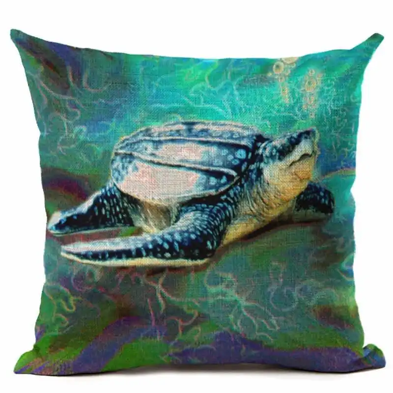 Льняная наволочка с принтом морской черепахи для подушки в океаническом стиле