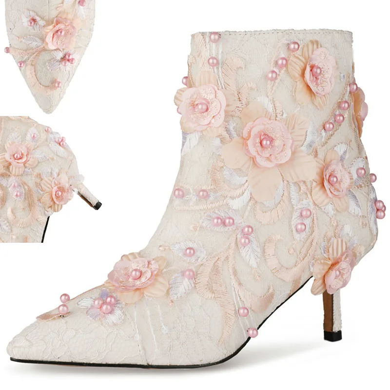 

Chinese Style Hot Stiletto Boots Lace Handmade Heavy Flower Beaded Pearl Decoration Pointed Party Shoes Women Wedding Shoes