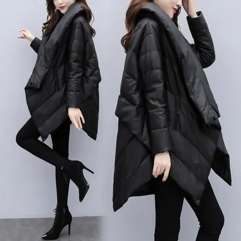 Winter New Women Thin Down Cotton Jacket Lady Fashion Black Cloak Jackets Long Sleeve Warm Coat Parka Female Portable Outwear