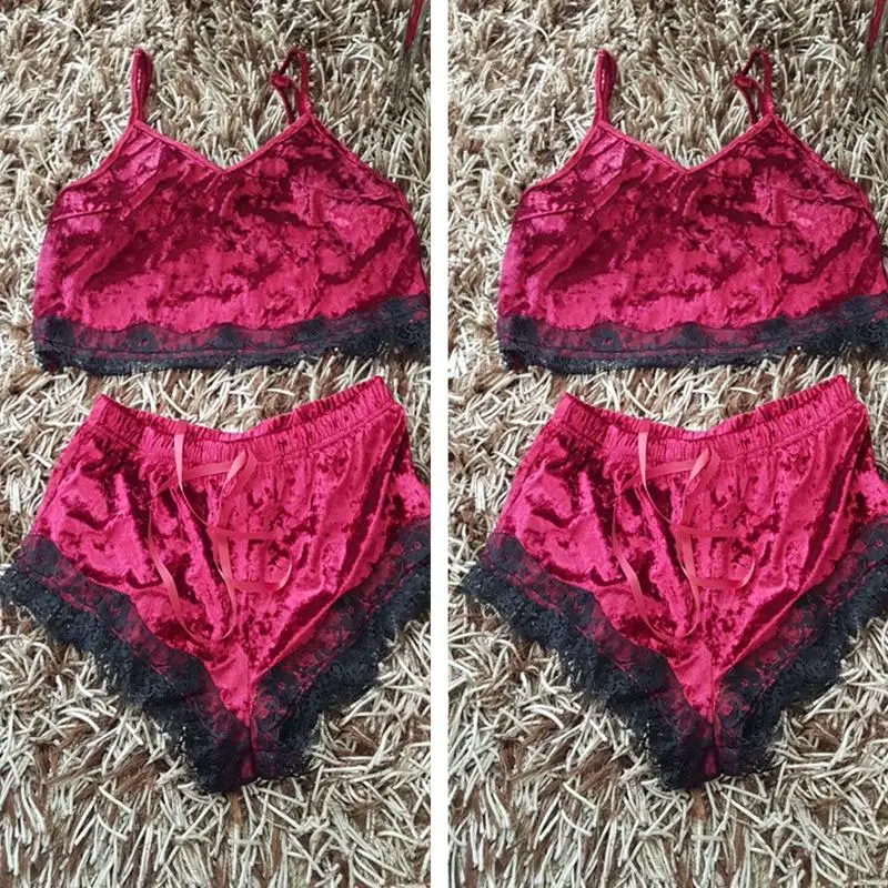 

Casual Sleeveless Vintage Two Piece Set Women Sexy Velvet Tracksuits Women Eyelash Lace Cami Top With Shorts Set
