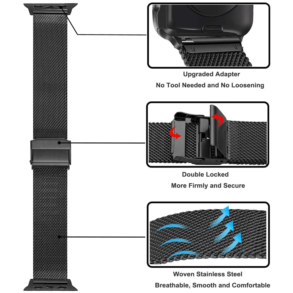 

2 Set Watchband For Apple Watch Se 6 44mm 40mm Band For Iwatch Series 5 4 3 42mm 38mm Strap Stainless Steel Mesh Loop Bracelet