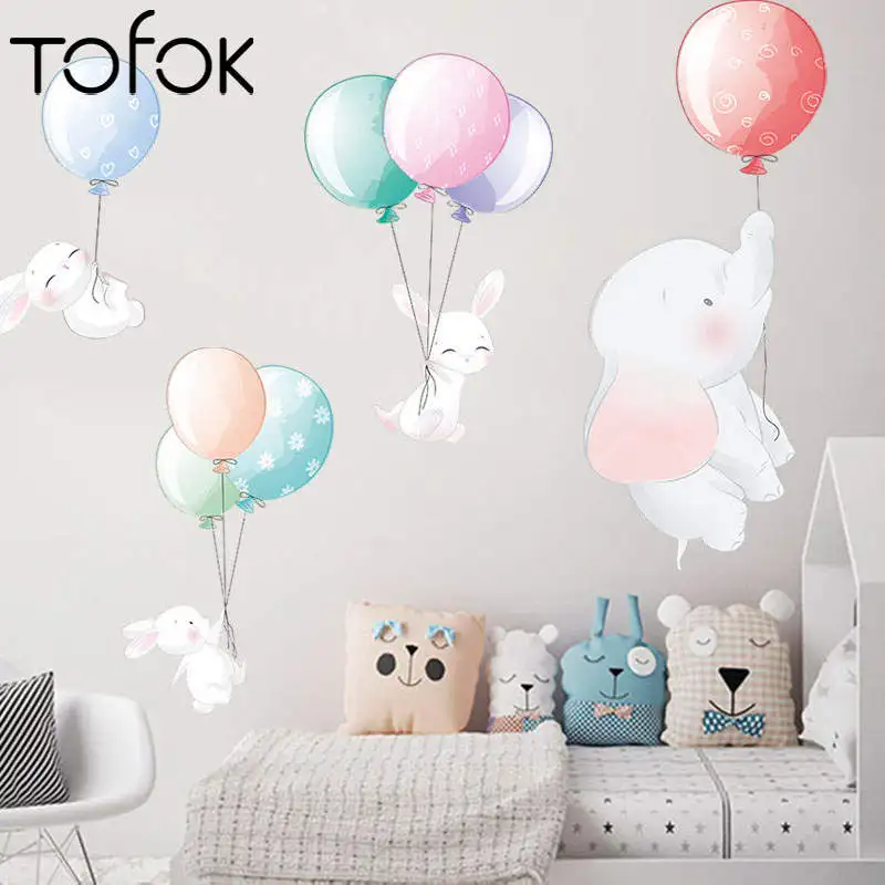 

Tofok Cartoon Balloon Elephant Wall Stickers Children Baby Room Decoration Self-adhesive Paper Room Decor Animals Wall Decals