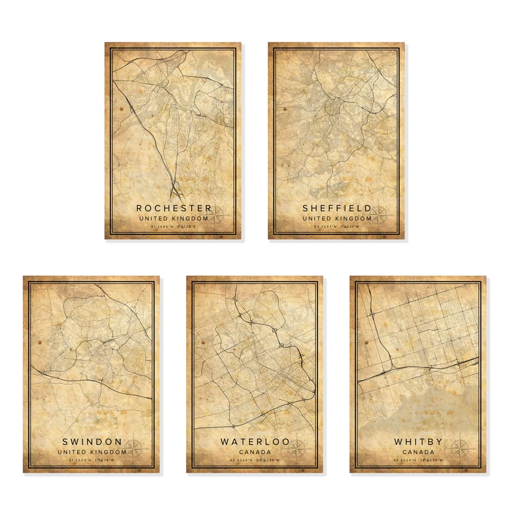 Винтажная карта Уитби Ватерлоо Рочестер город печатная Великобритания