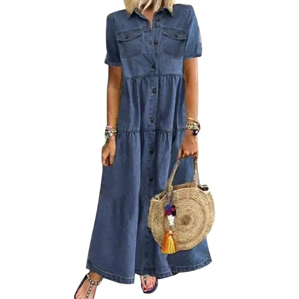

80% Dropshipping!!New Summer Retro Women Short Sleeve Turn Down Collar Pockets Buttons Long Loose Casual Denim Dress