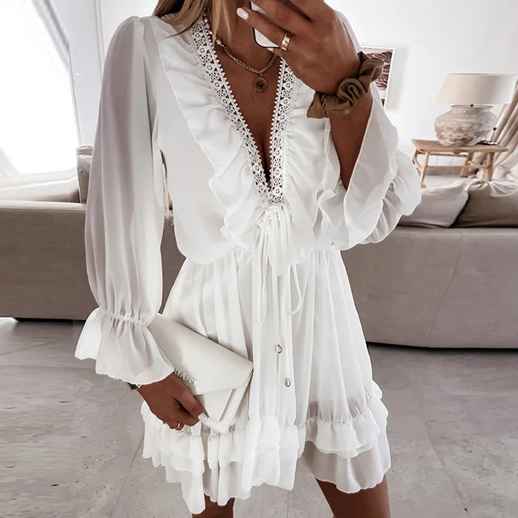 

V-neck Sexy Dress High Waist Flare Sleeve Lace Bandage Ruffled Vestidos Fashion Elegant Chic Office Lady Women Clothes 3 Colors