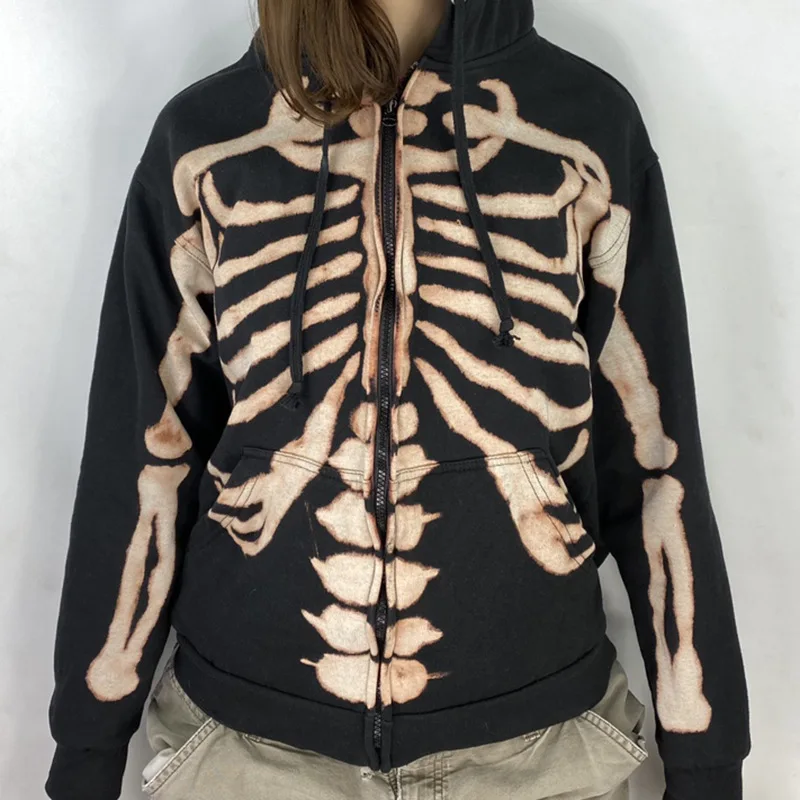 

Y2K Harajuku Oversized Skull Skeleton Print Hoodie Goth Hoodies Grunge Hooded with Long Sleeve Zip Up Skull Sweatshirt Women