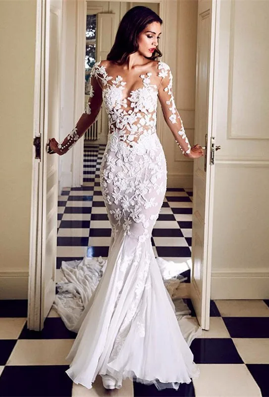 

See Through Vestido De Noiva Wedding Dresses Mermaid Long Sleeves Chiffon Applique Beach Boho Dubai Arabic Wedding Gown Bridal