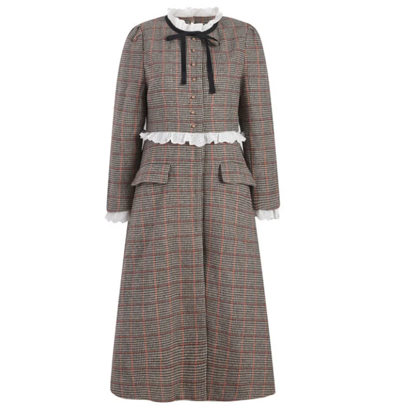 

new Fashion 2021 Casual Long Trench coat women lace plaid woolen coat Female