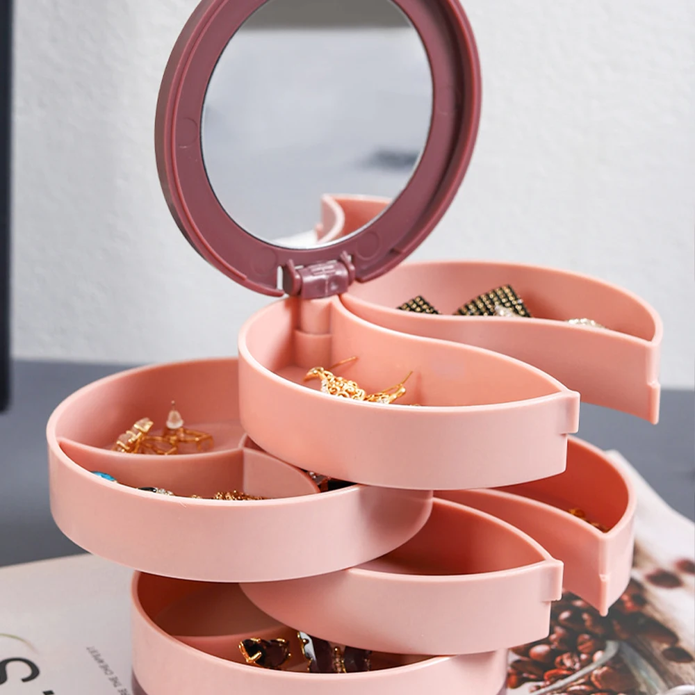 

Multi-Layer Rotatable Jewelry Storage Box With Mirror Cosmetics Beauty Container Organizer Desktop Sundries Makeup Storage Box