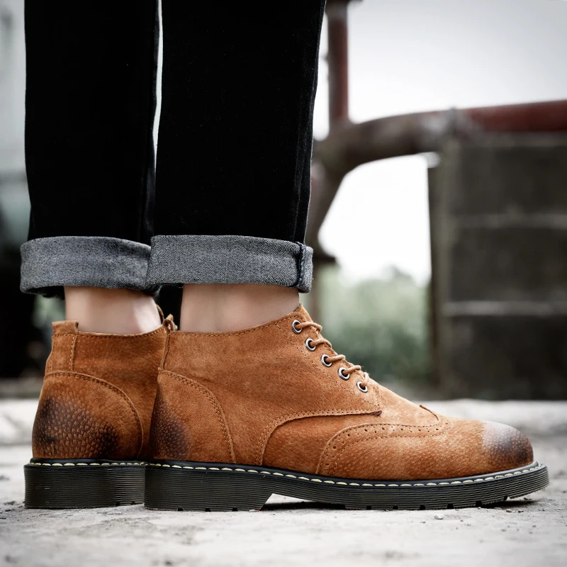 Удобные зимние ботильоны ковбойские мужские ботинки из натуральной кожи на