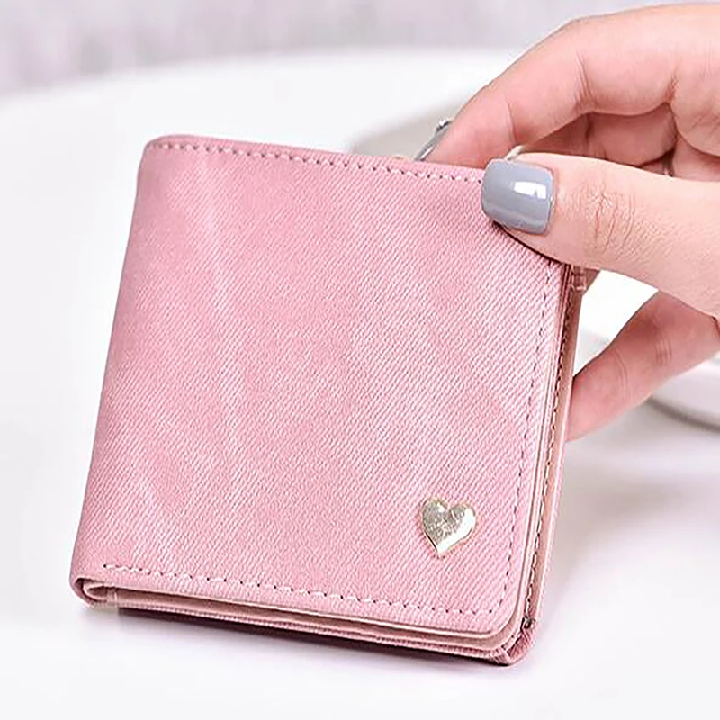 

Women Small Cute Wallet Heart Shaped Imitation Denim PU Leather Hasp Wallet Credit Card Holder Mini Money Bag
