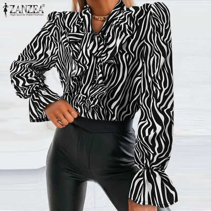 

2022 Fashion Bandage Bow Tops ZANZEA OL Long Sleeve Blusa Female Casual Elegant Blouse Oversize Tunic Women Autumn Printed Shirt
