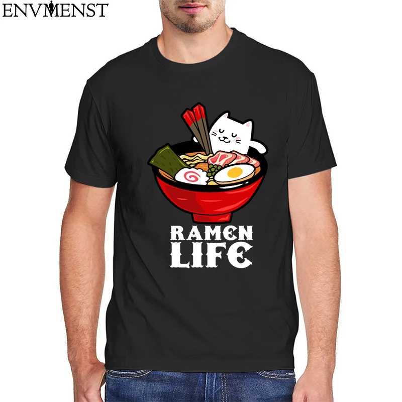 

Ramen Life Cat Eat Kawaii Anime Japanese Food Funny CAT Graphic Men's Tee harajuku t shirt vintage top100% cotton men's T-Shirt