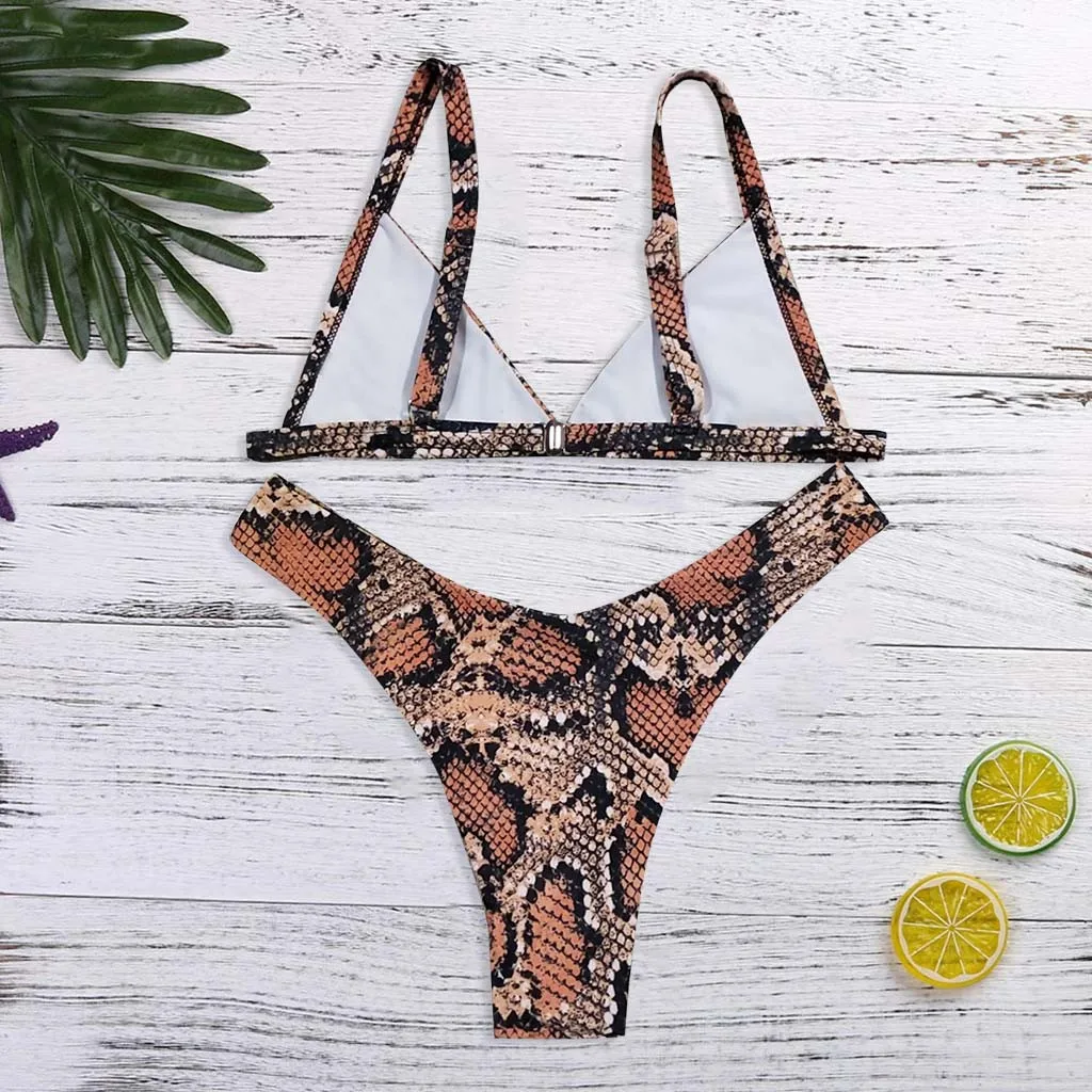 Vest Snake Printed Skin High Cut V Neck Thong Bikini Halter Two Pieces Monokini Swimwear Brazilian Push-Up Pad Beach Swimsuit#// | Женская