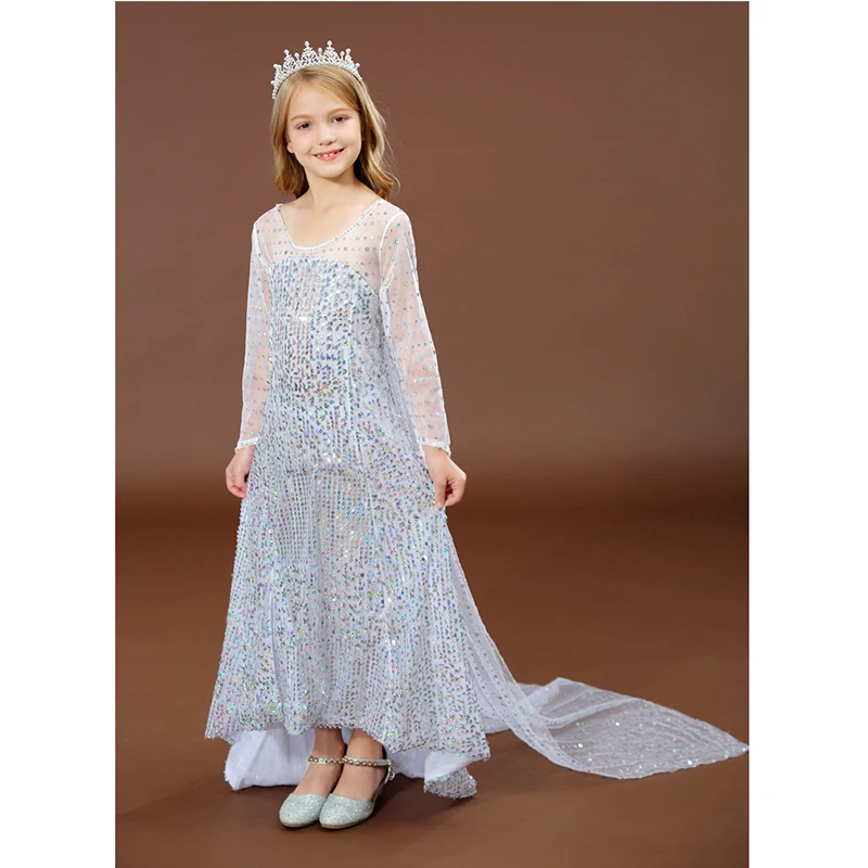 White Blue Elsa Dress for Girls Floor Length Long Tail Dresses Princess Up Halloween Carnival Cosplay Costume Child | Детская одежда и