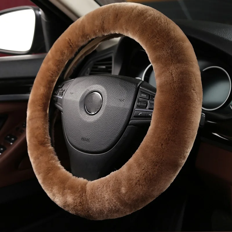 Camel Brown Натуральный мех овечья шерсть овчина чехол рулевого колеса автомобиля для взрослых авто Универсальный с новым дизайном флаг России цвет - Название цвета: Camel Brown