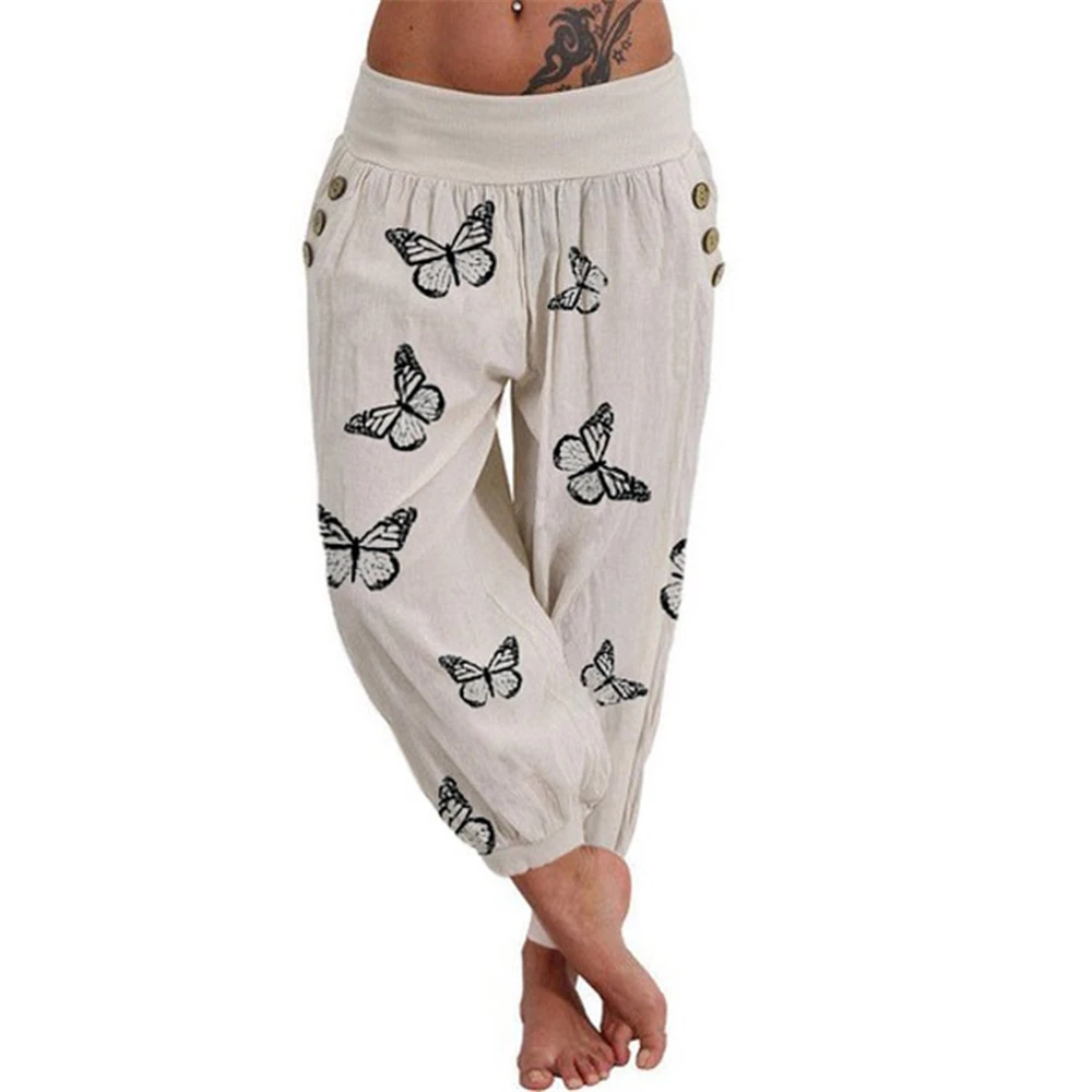 

Spring Summer New butterfly Print Long Pants Fashion Loose High Waist Trousers Casual Women Pocket Sweatpants Streetwear