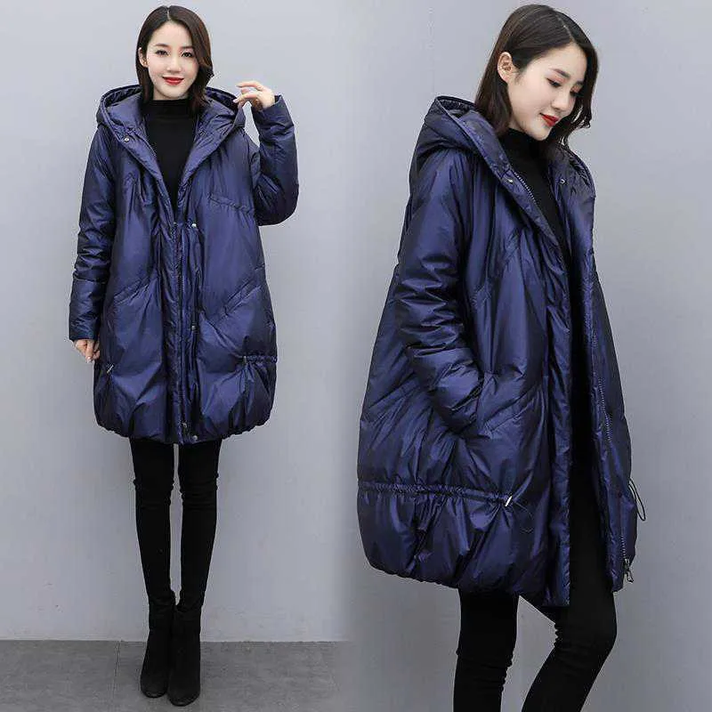 Mid-length Down Cotton Coat Women 2022 Winter New Thick Coat Fashion Shiny Solid Color Hooded Cotton-padded Jacket Female JD2122