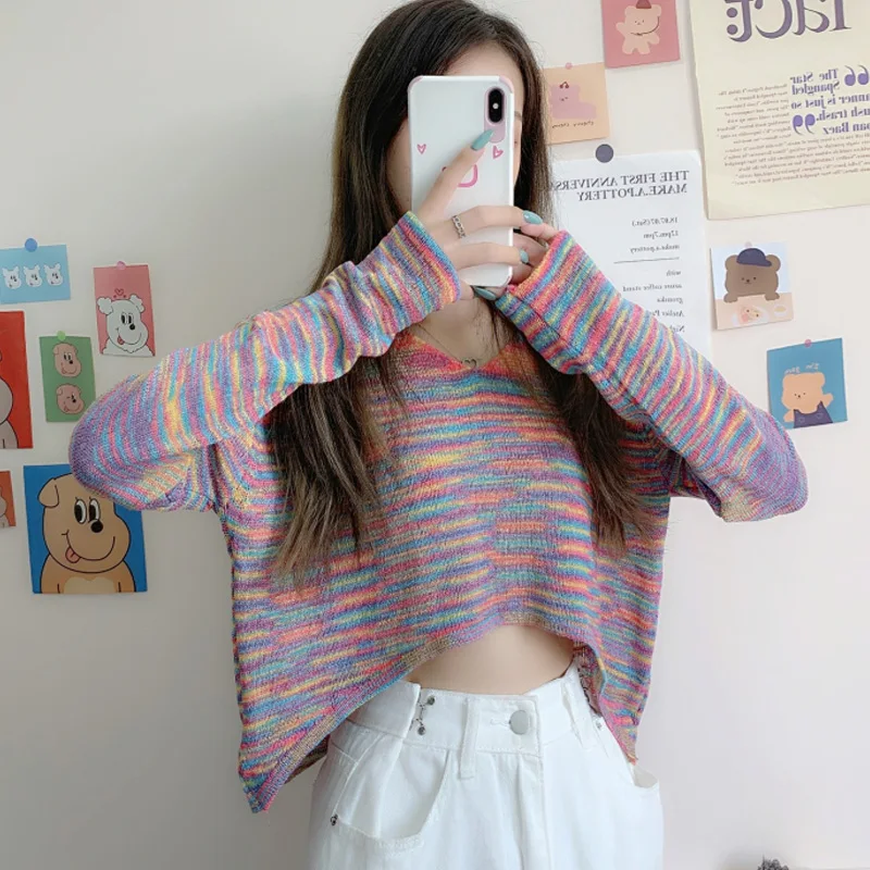 

Pullover Sweater Knitted Women Winter 2020 Short Knitted Rainbow Color V-Neck Long Sleeve Crop Top Knitted Sweater Cute Sweaters