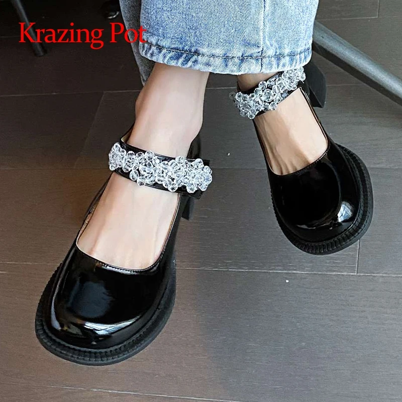 

Krazing Pot cow patent leather round toe high heels Mary janes Korean street pretty girls dating charming hook women pumps L02