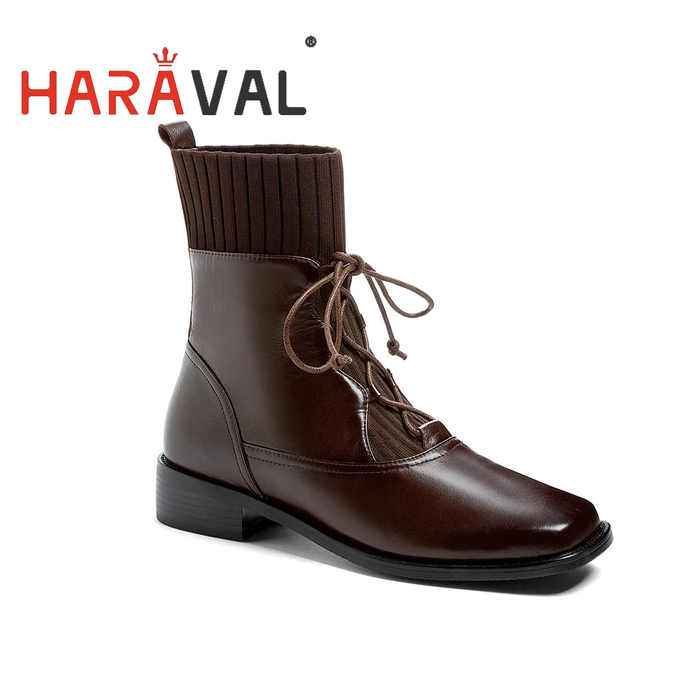 spesifikasi Sepatu Bot Peregangan Renda Ikatan Silang Wanita HARAVAL Sepatu Kulit Coklat Hitam Ujung Persegi Gaya Inggris Sepatu Pergelangan Kaki Bussine E104L