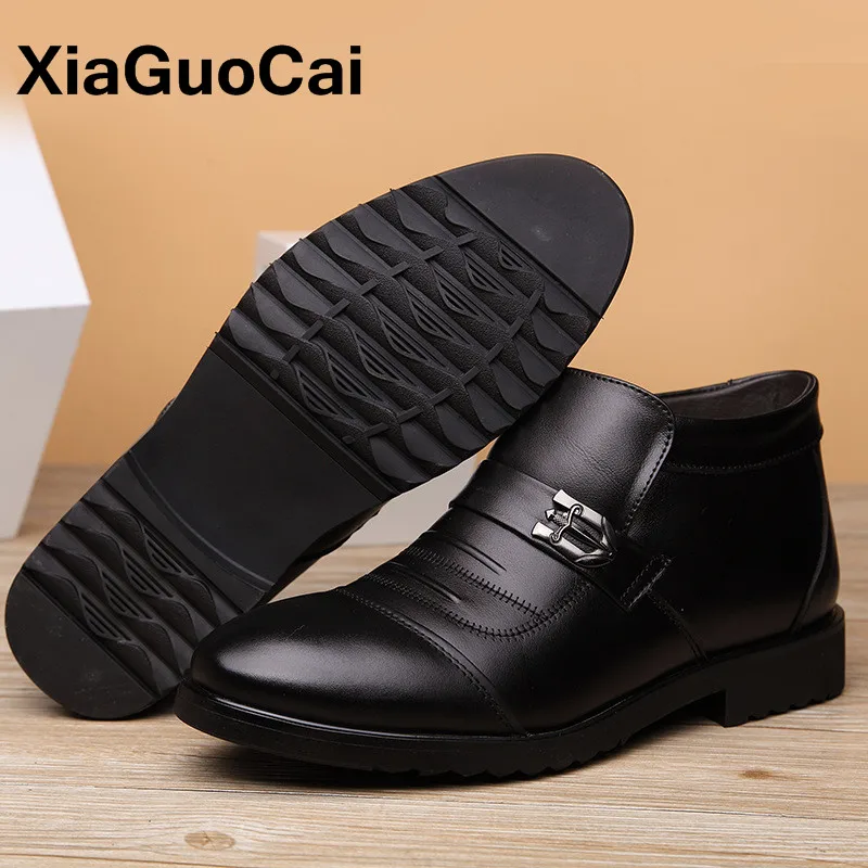 Высокие зимние мужские ботинки с мехом Теплые из натуральной кожи Деловая обувь