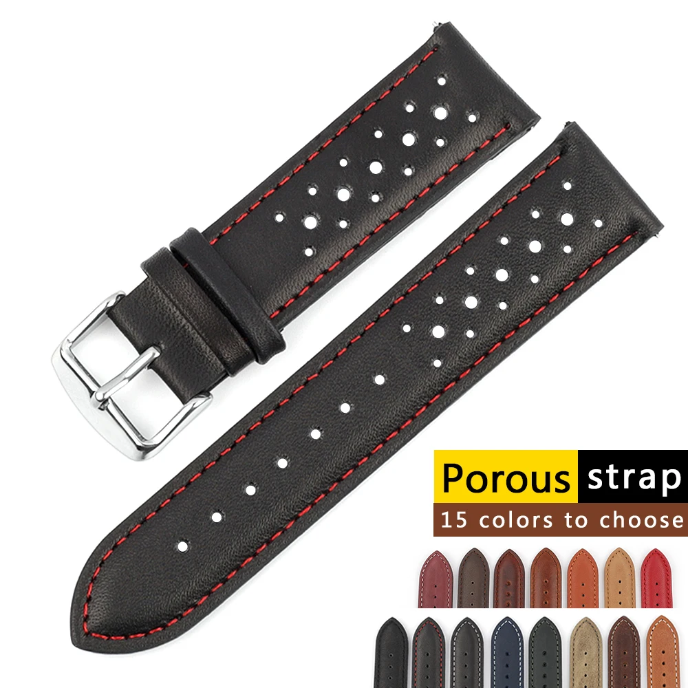 Genuine Leather Watch Band 18mm 20mm 22mm 24mm Breathable Porous Wristband Watch Bracelet Handmade Stitching for Men Watchstrap