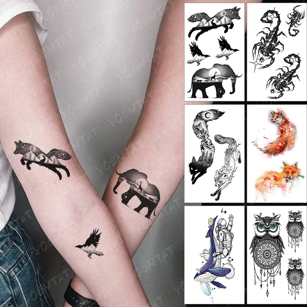 

Waterproof Temporary Tattoo Sticker Wolf Elephant Eagle Animal Moon Mountain Forest Black Tatoo Arm Leg Fake Tatto Woman Man