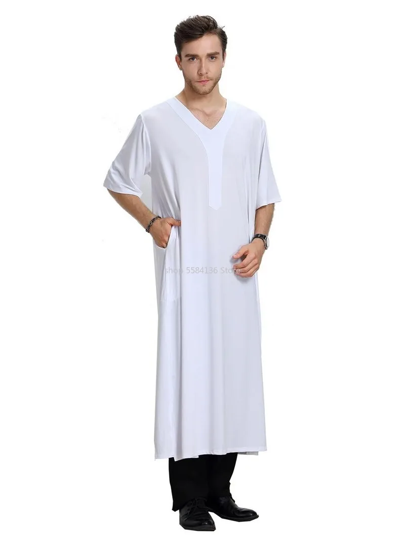 Men Muslim Jubba Thobe Kaftan Dishdasha Thawb Arab Jabbah Men Short Sleeve Robe Summer Casual Loose Islamic Clothes Ramadan New