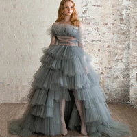 fivsole gorgeous dusty blue ruffled tulle prom dresses long a line tiered evening gown sleeveless backless party dress