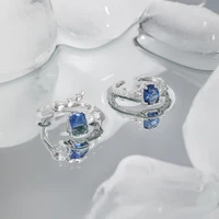 2022 irregular geometric oval blue crystal rhinestone zircon metal texture opening adjustable ring for women charming jewelry