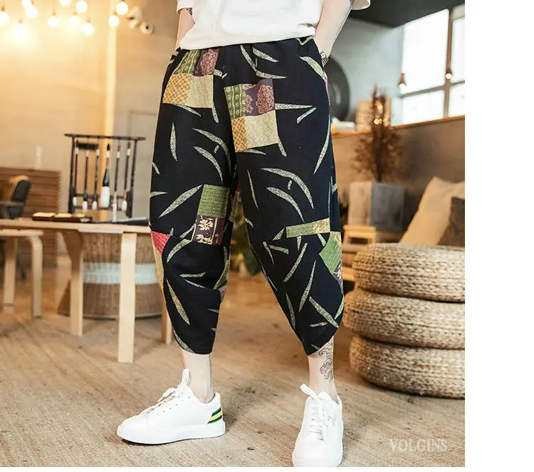 

2021 Summer Printed Cotton Harem Pants Men Casual Hip Hop Trousers Cross Bloomers Calf-Length Pants Joggers Streetwear