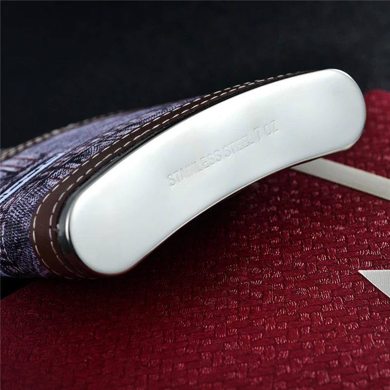 

GENNISSY BBQ Leather Hip Flask Carry-On 7oz Stainless Steel Whisky Alcohol Outdoor Portable Hip Flask With Pop Jeans Pattern