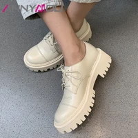 annymoli 2021 spring platform med heels women shoes real leather thick heel pumps lace up round toe casual footwear female beige
