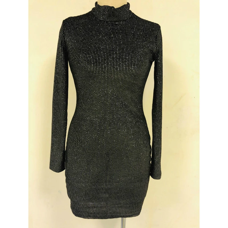 Office Ladies OL Clothes Women Sequined Long Sleeve Bodycon Bandage Sexy Club Party Dress High Neck Mini | Женская одежда