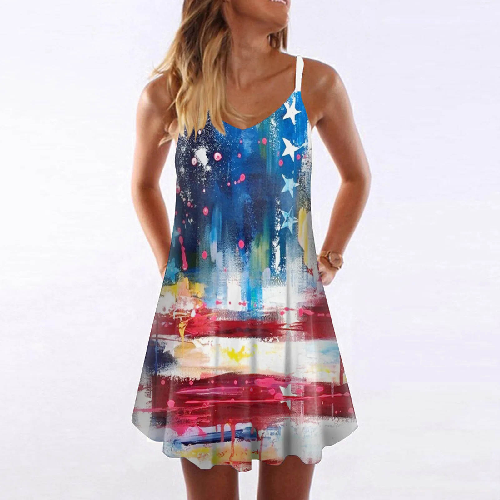

Tie Dye Print Womens Dress Striped Print 4th Of July Dress Sleeveless A-line Dress V Neck A-line Mini Sundress Vestido De Mulher