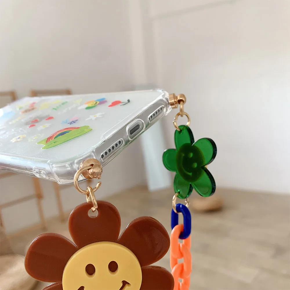 

for iPhone 11Pro Max 7 8 Plus XR XS Max Transparent Cases Cute Graffiti Flower Chain Hanging Case for iPhone 12