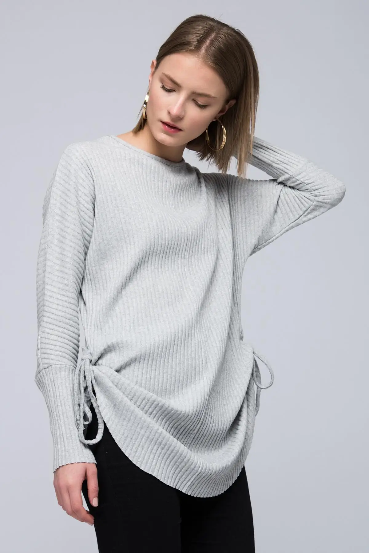 Хлопок настроение женщин серый толстый ребристые стороны кружева рукав летучая