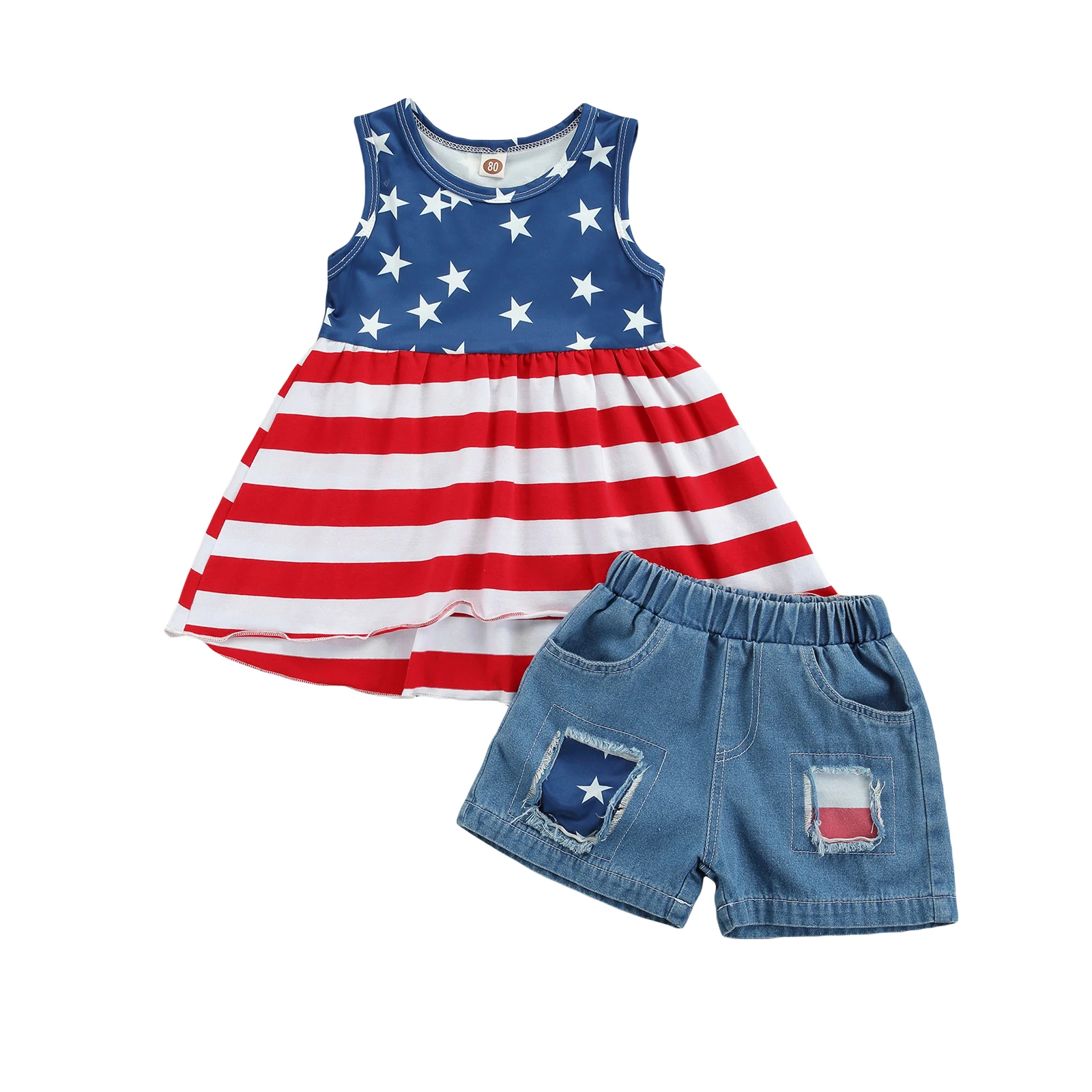 

Комплект детской одежды на День Независимости, топ в полоску без рукавов с круглым вырезом для девочек + рваные короткие джинсы