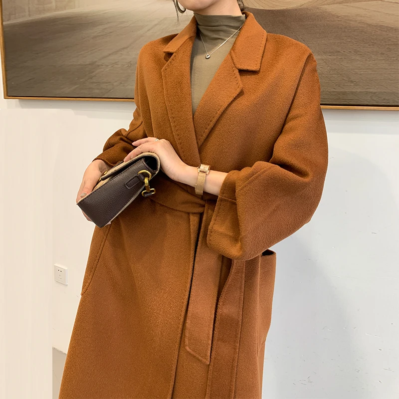 

JCHB 2021 high-end ripple Autumn water Winter caramel double-sided cashmere coat Women's Mid-length 100% wool woolen coat