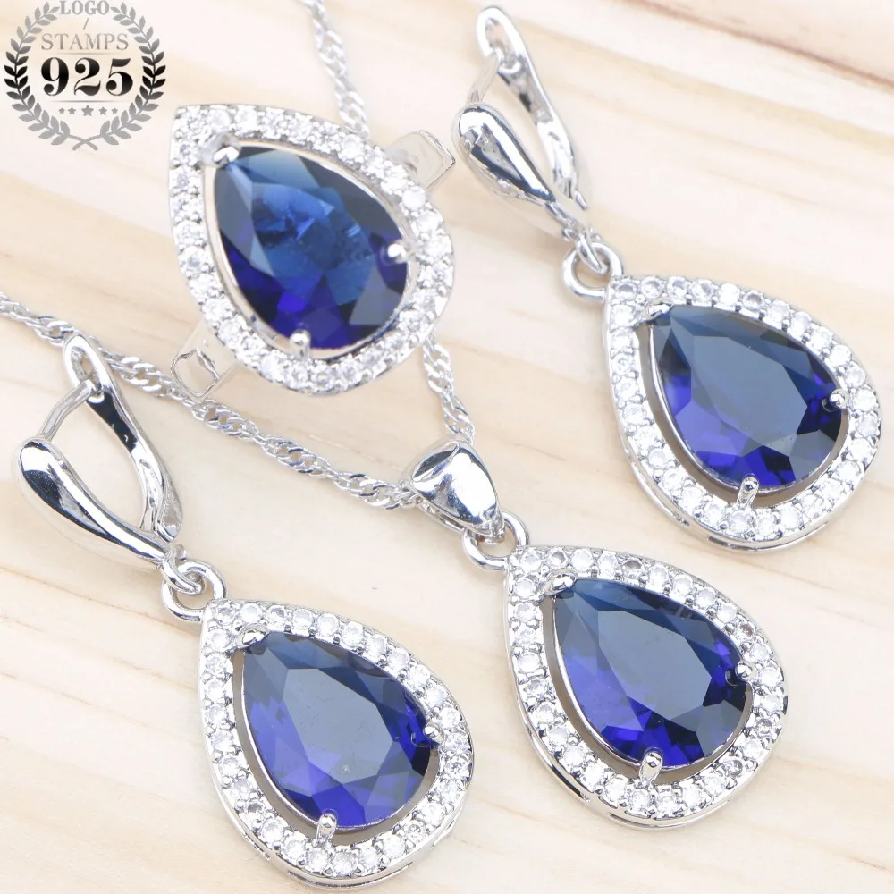 Женский свадебный комплект ювелирных изделий из серебра 925 пробы с синим