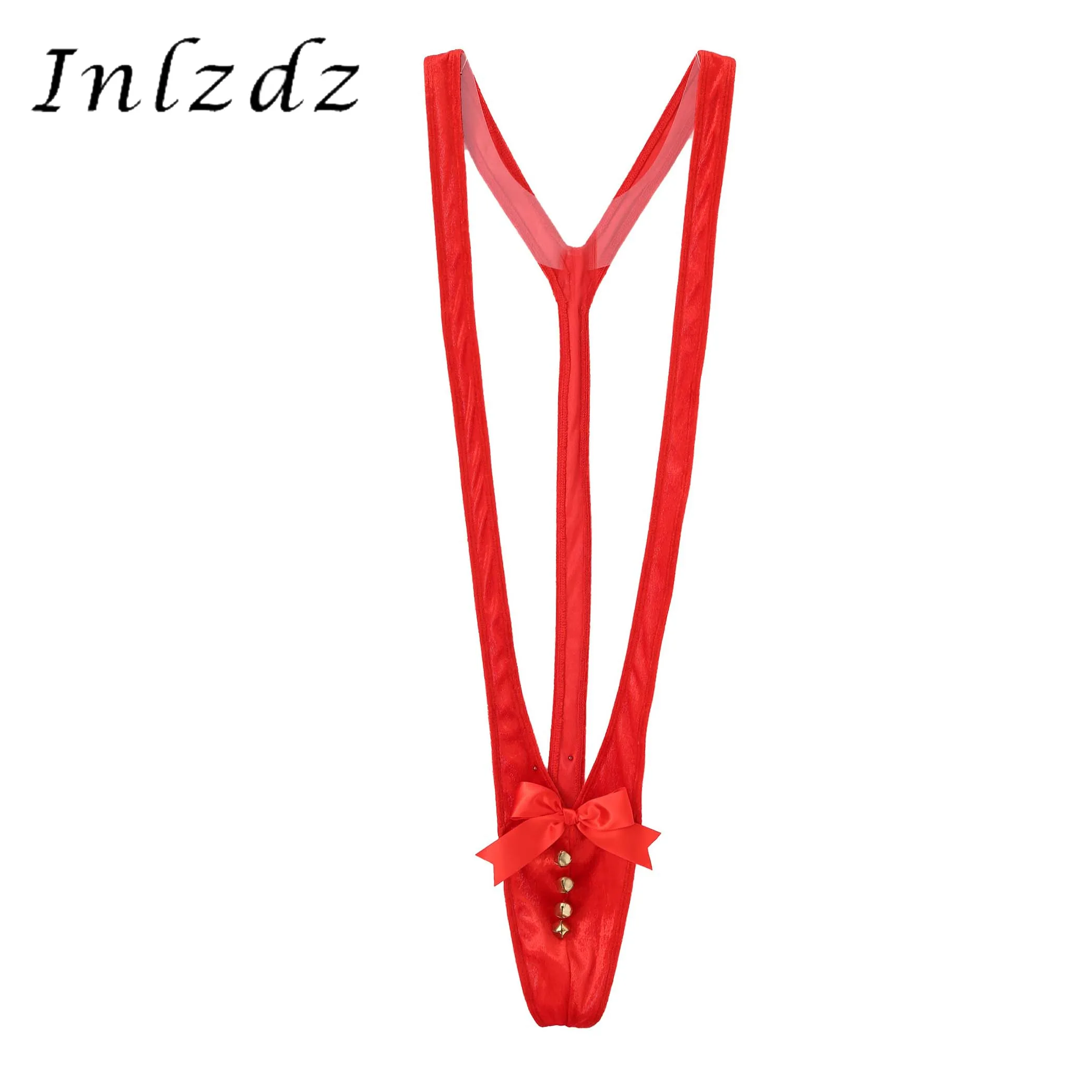 

Christmas Mens Sexy Lingerie Mankini Bodysuit Cosplay Nightwear Stretchy Thongs Bowknot Panties Bell Decor Velvet Sexy Underwear