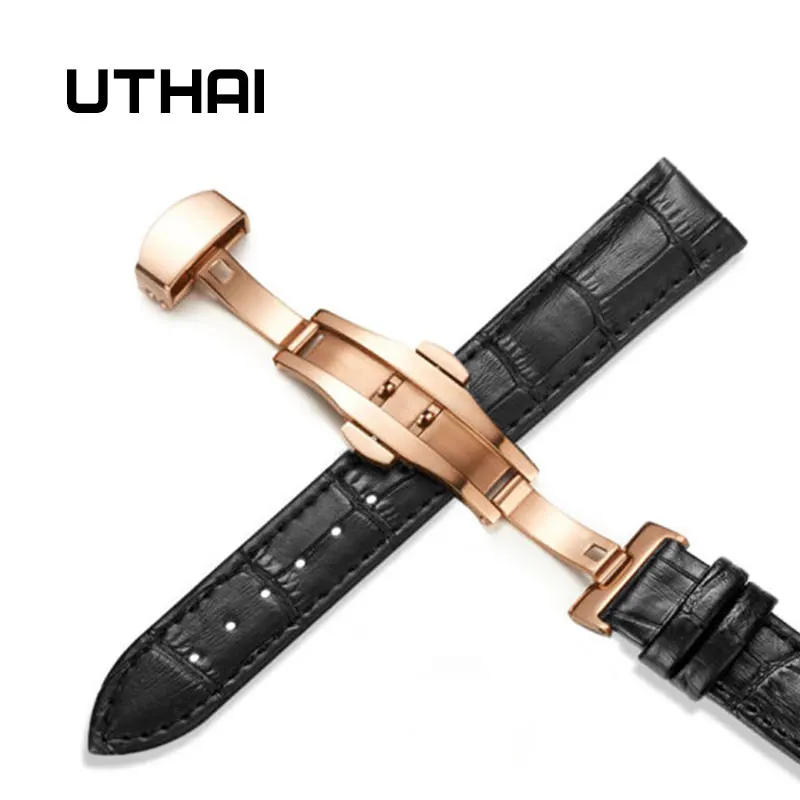 Rosegold-black UTHAI Z09 Plus Ремешки для наручных часов из натуральной кожи 12-24 мм Универсальные часы с бабочкой и пряжкой стальной ремешок с пряжкой 22 мм ремешок для наручных часов - Цвет ремешка: Rosegold-black