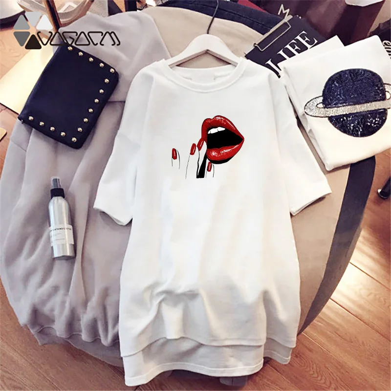 

2020 Women Harajuku Mini Dress Plus Size Loose Casual Short Sleeve Summer Cool Sexy Red Lips Print Party Club Vestido Streetwear