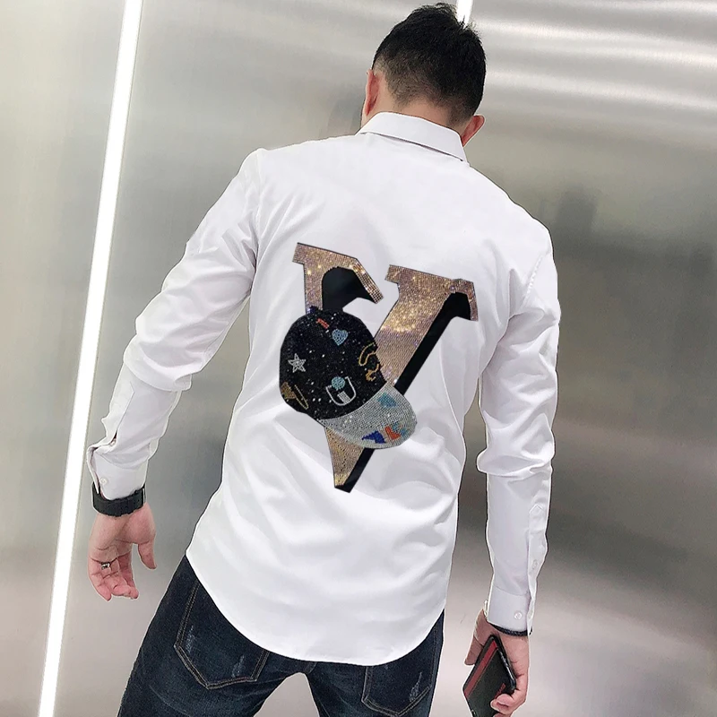 Classic Rhinestone New Hot Diamond Letter Spring Men's T-Shirt Long-Sleeved Style Youth Slim Tops